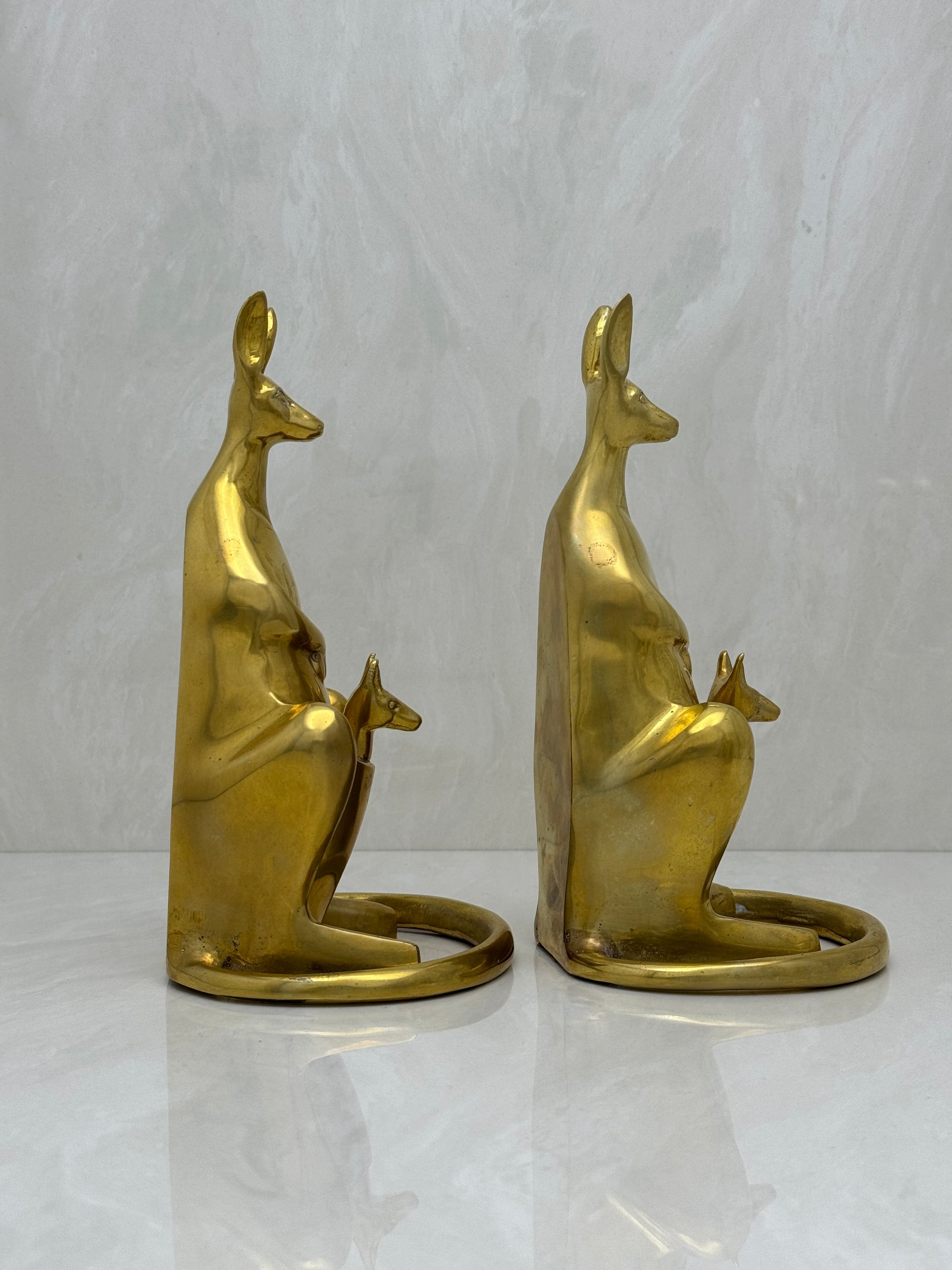 Vintage Brass Bookends Mama Kangaroo with Joey in Marsupium-A Pair by Sarreid