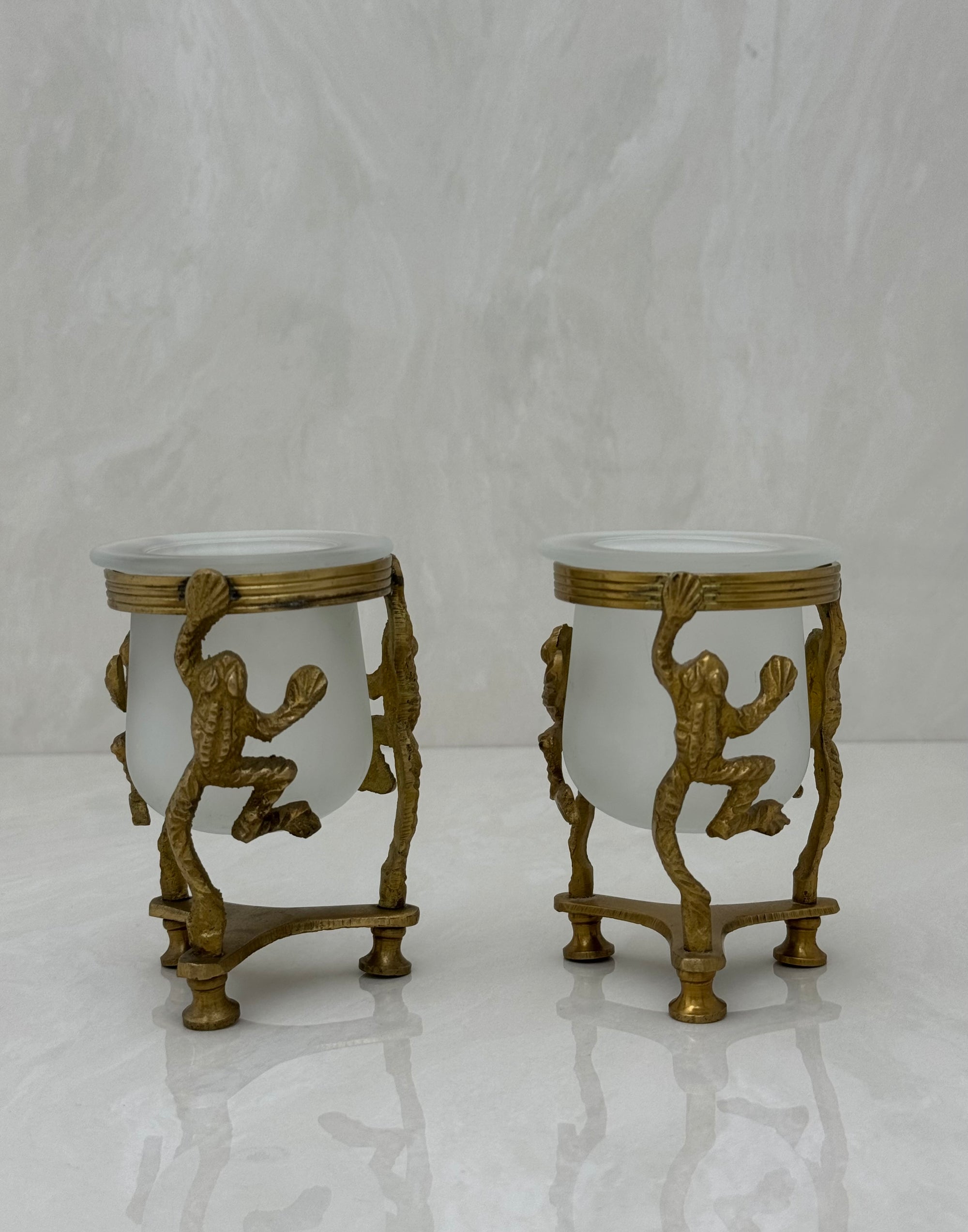 Vintage Brass Frog Candleholders with Frosted Glass Inserts-A Pair