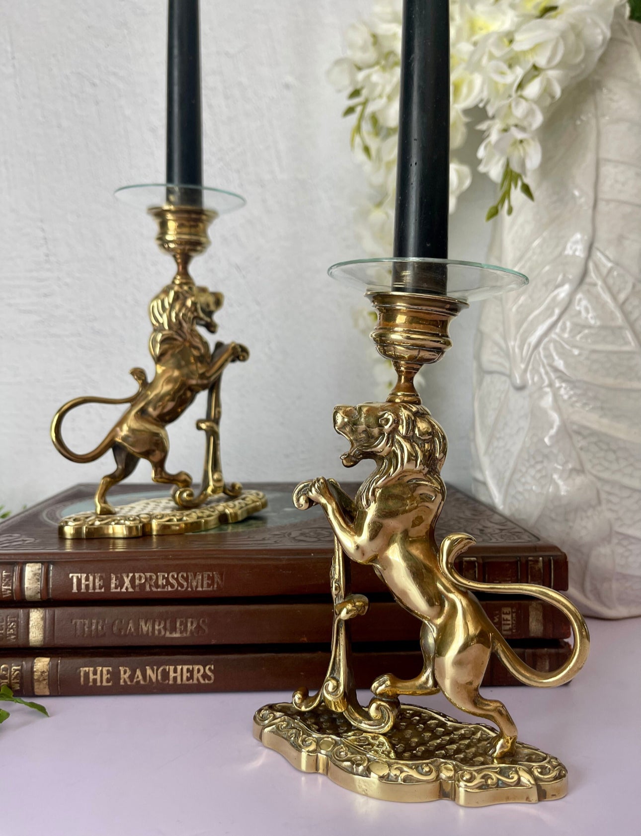 Vintage/Antique Brass Lion Candleholders- A Pair