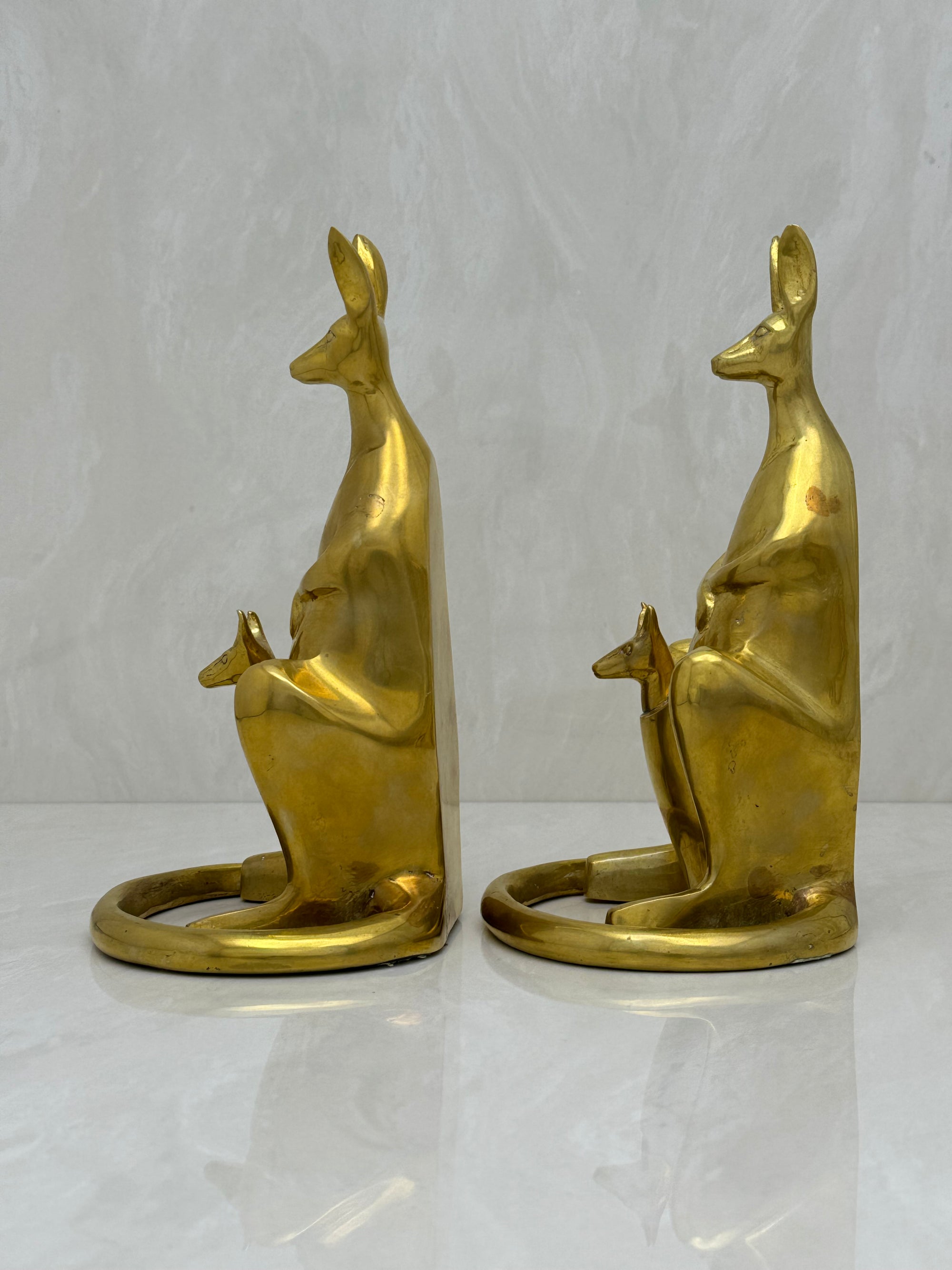 Vintage Brass Bookends Mama Kangaroo with Joey in Marsupium-A Pair by Sarreid