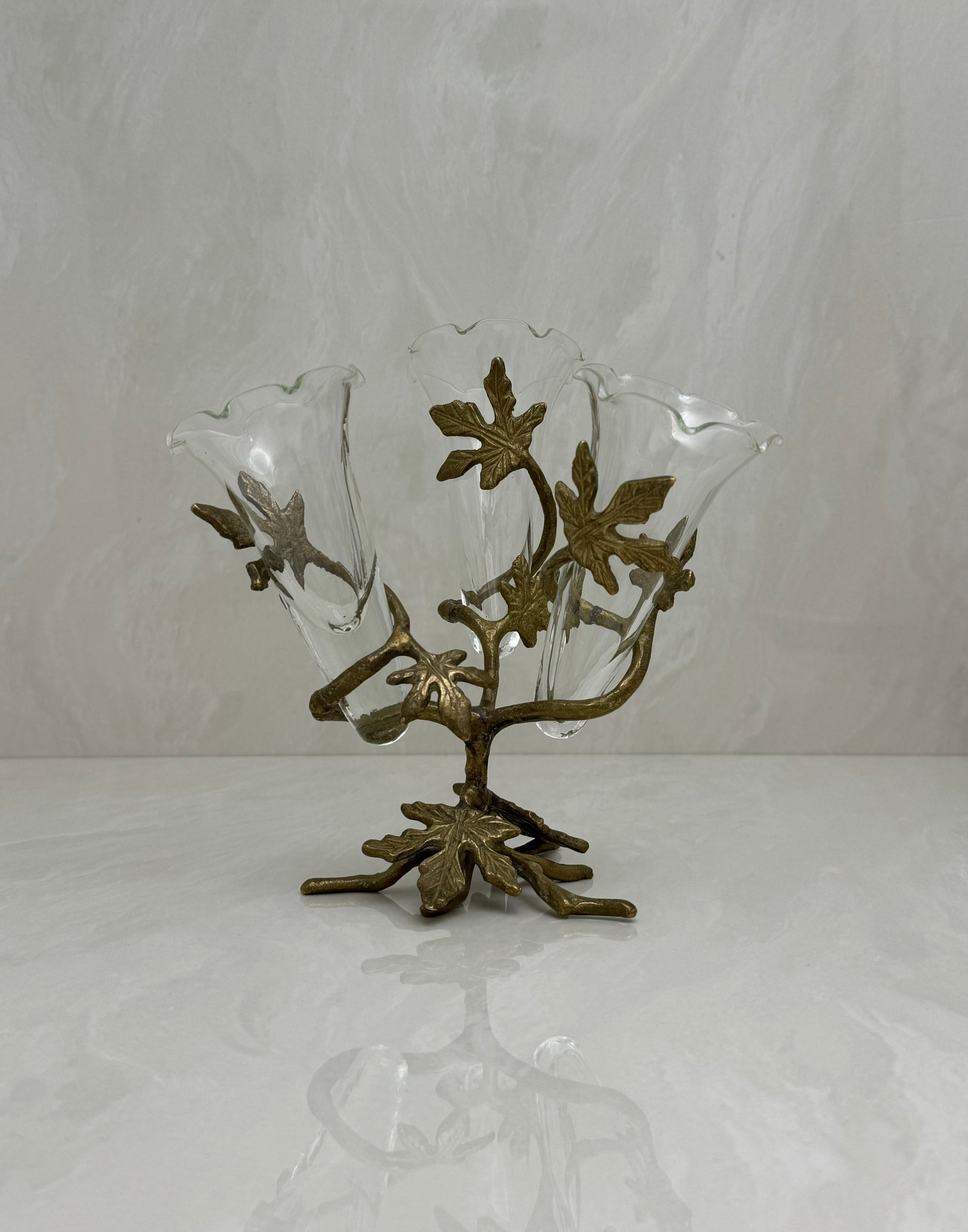 Vintage Brass &amp; Glass Ivy Leaf Triple Epergne Bud Vase