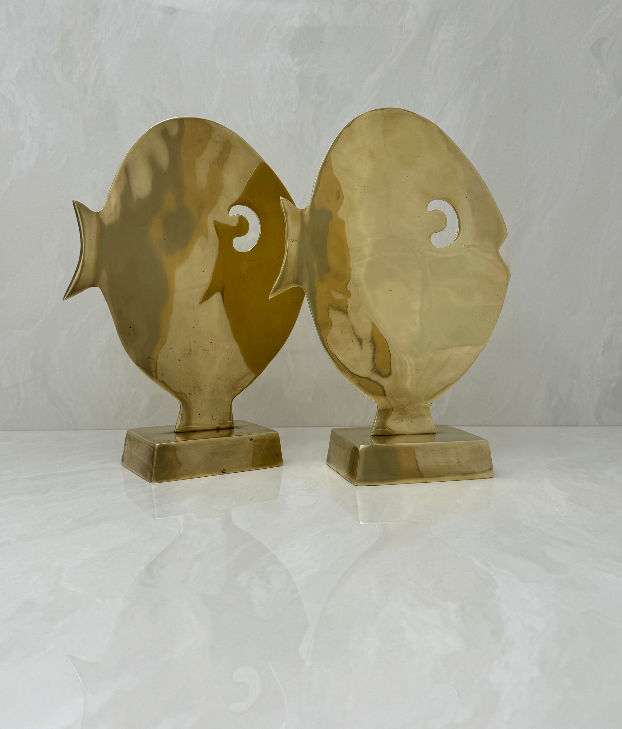 Large Vintage Brass Cartoon-Like Fish Figurine on Stand-A Pair
