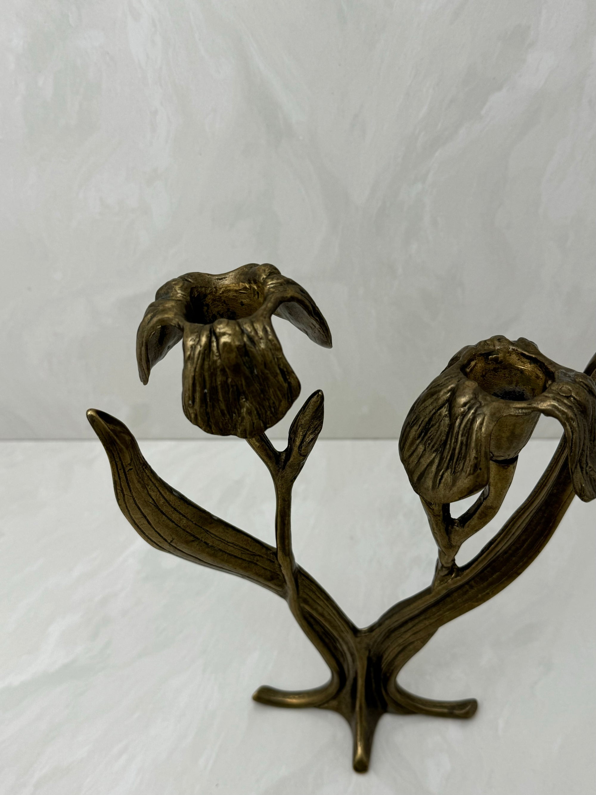 Vintage Brass Flower Candlestick Holder