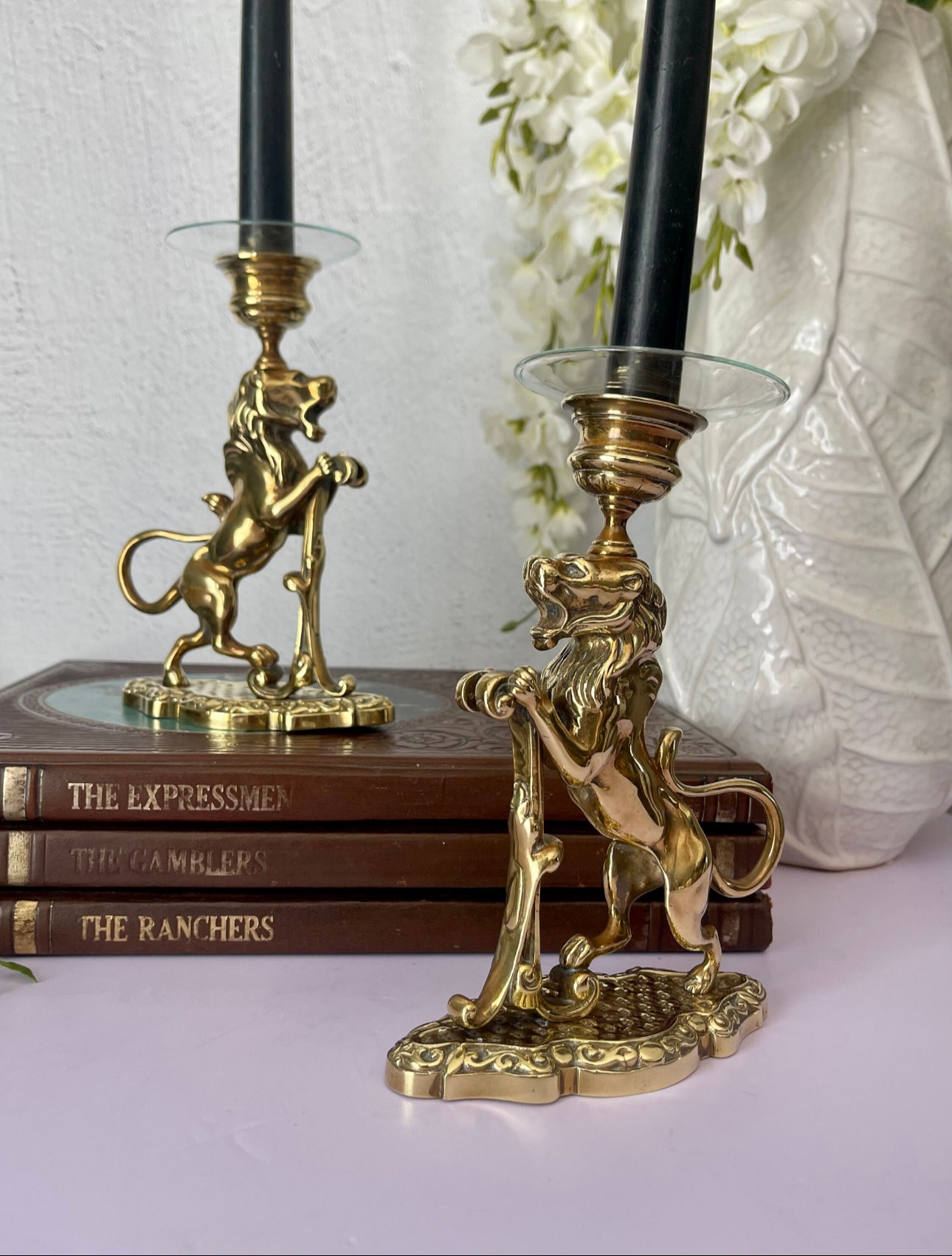 Vintage/Antique Brass Lion Candleholders- A Pair