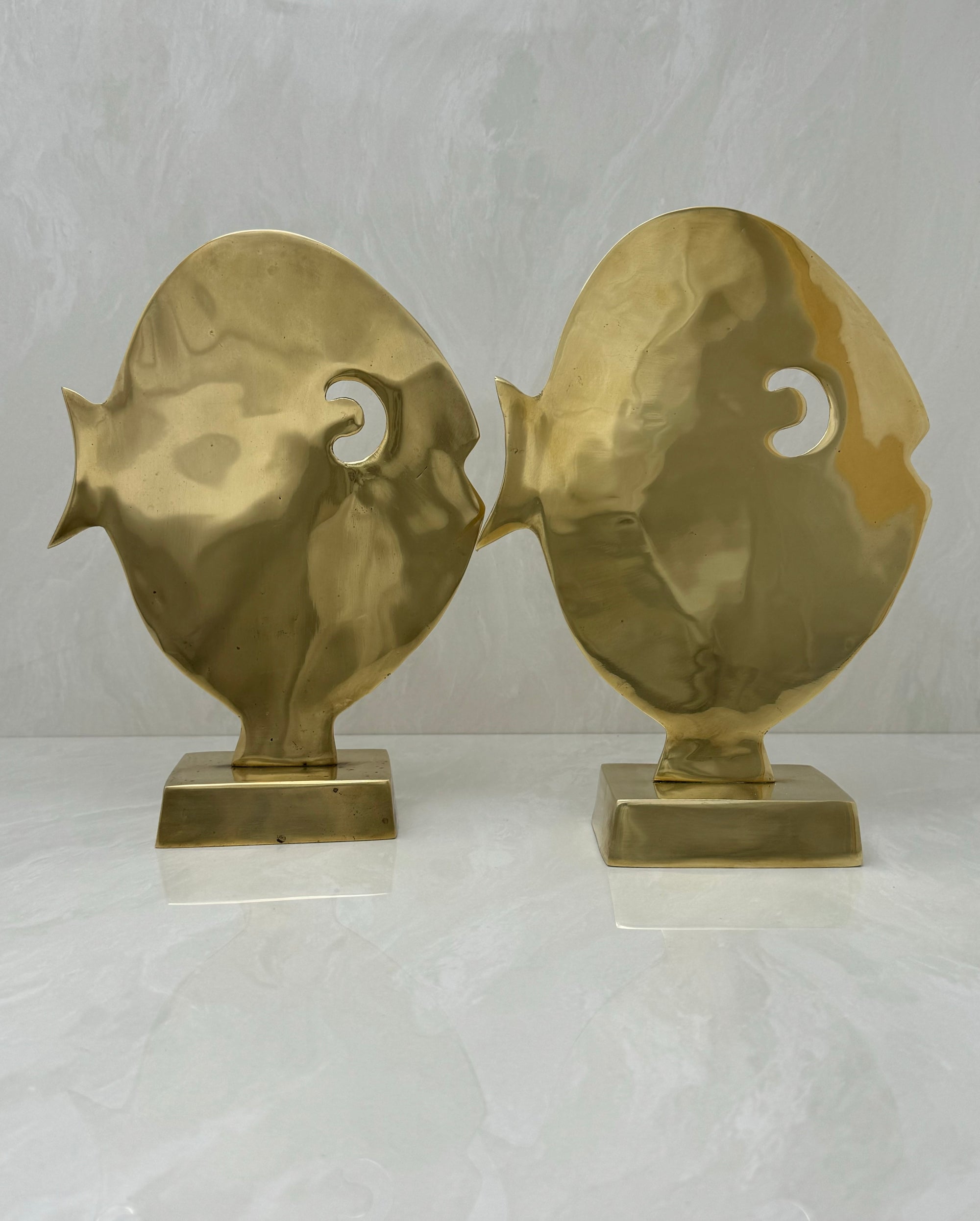 Large Vintage Brass Cartoon-Like Fish Figurine on Stand-A Pair