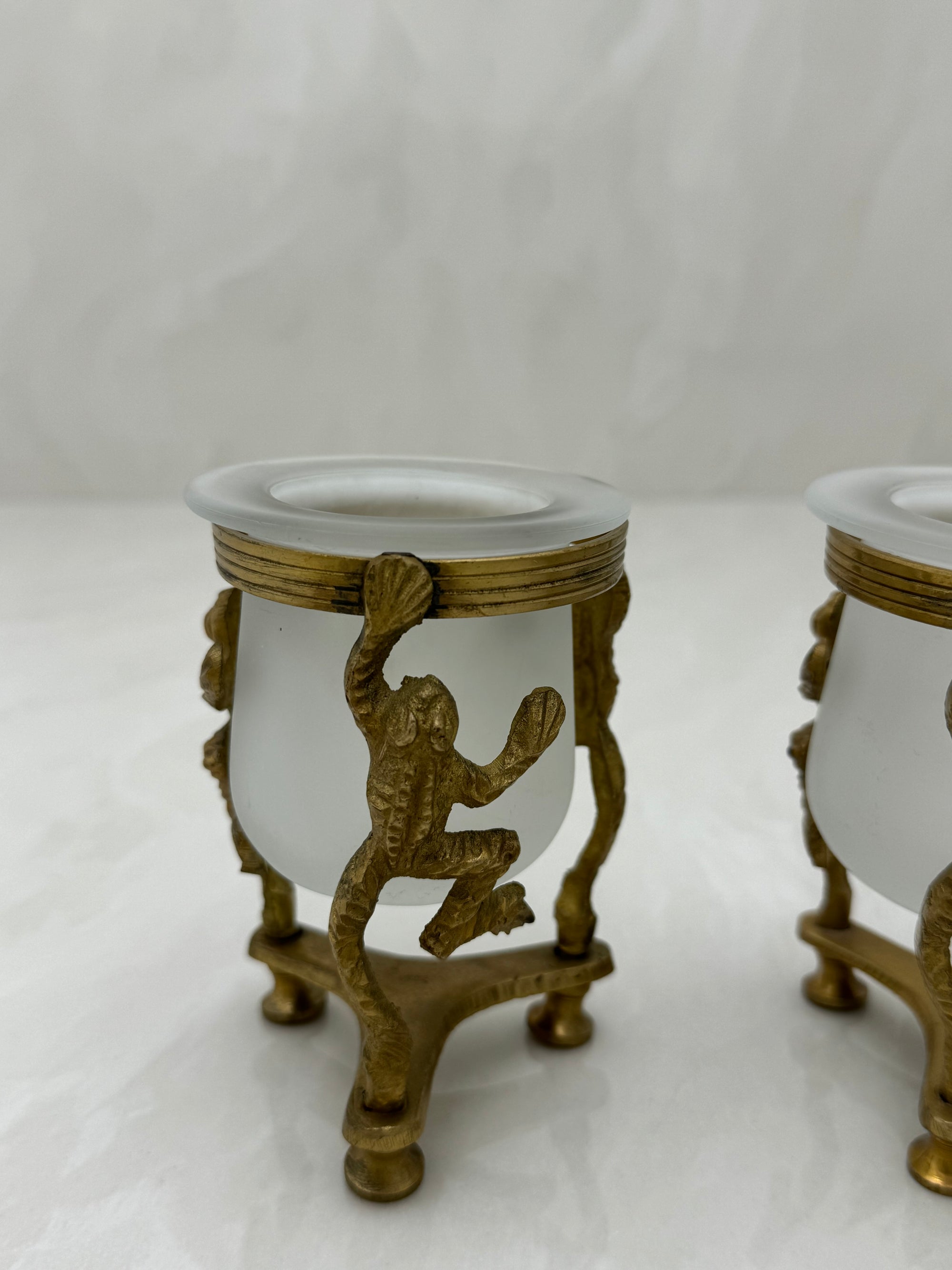 Vintage Brass Frog Candleholders with Frosted Glass Inserts-A Pair