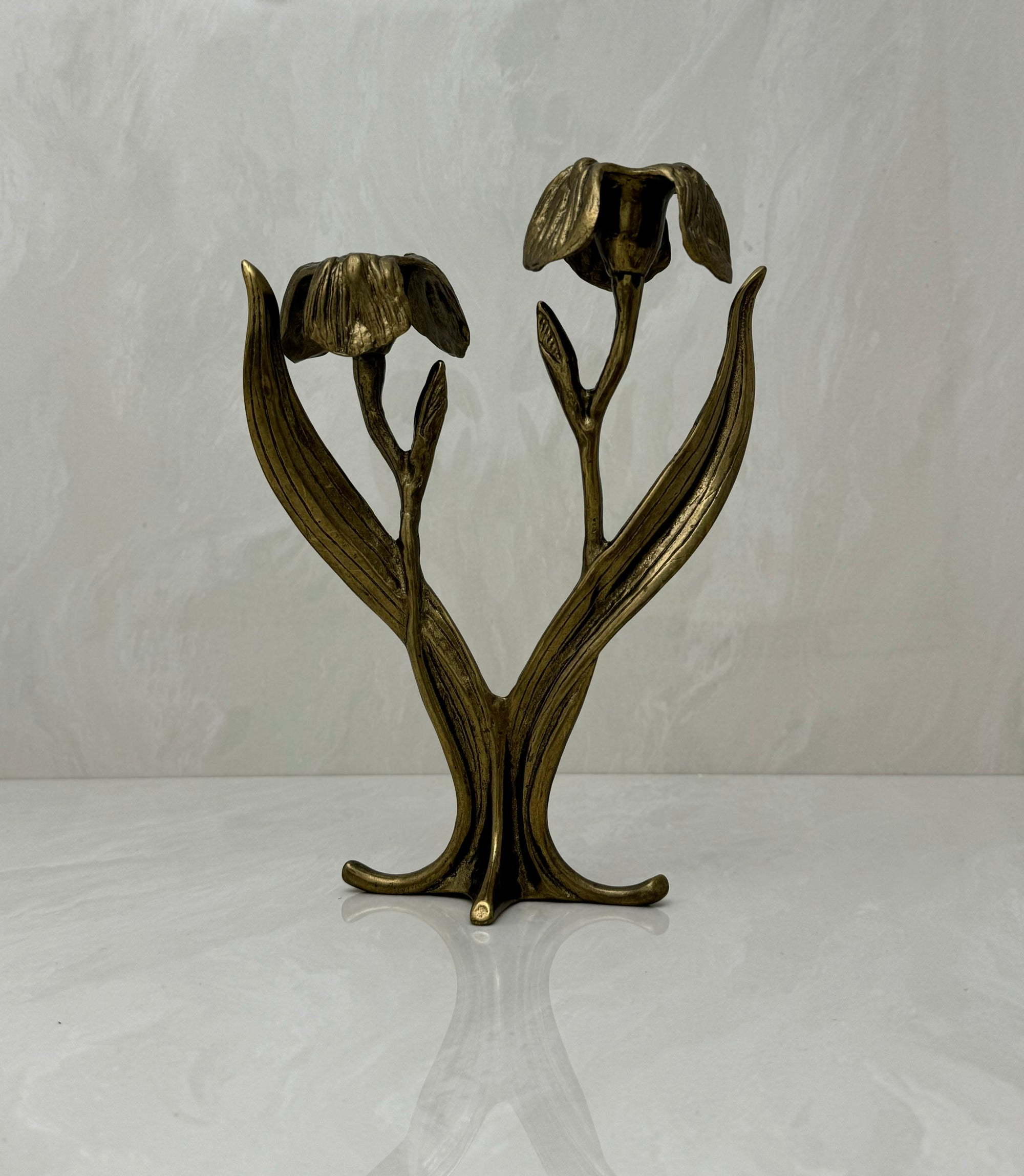 Vintage Brass Flower Candlestick Holder