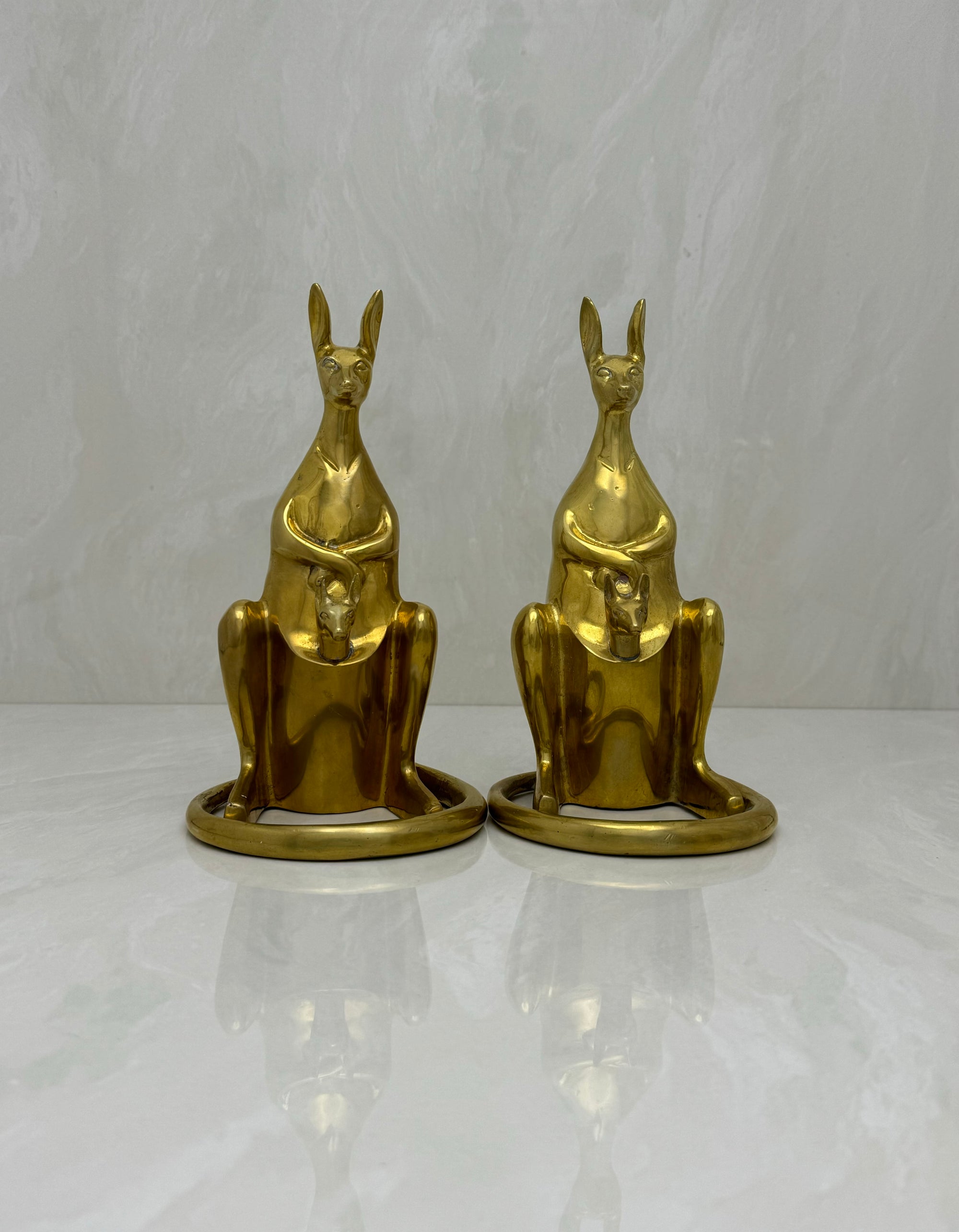 Vintage Brass Bookends Mama Kangaroo with Joey in Marsupium-A Pair by Sarreid