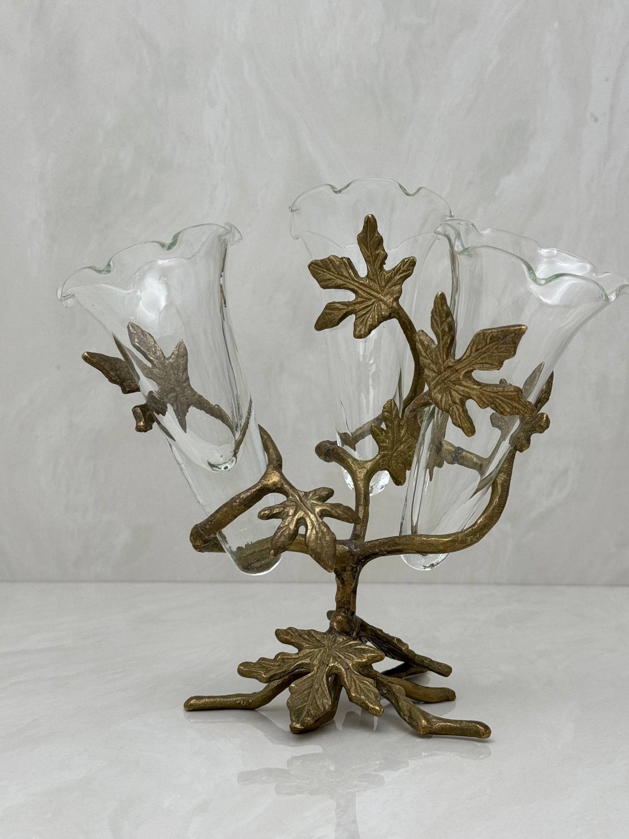 Vintage Brass &amp; Glass Ivy Leaf Triple Epergne Bud Vase