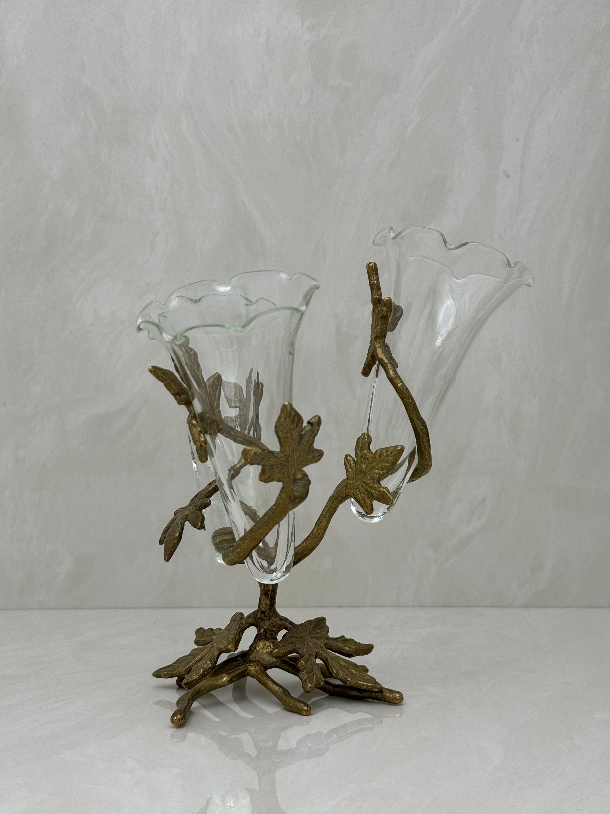 Vintage Brass &amp; Glass Ivy Leaf Triple Epergne Bud Vase
