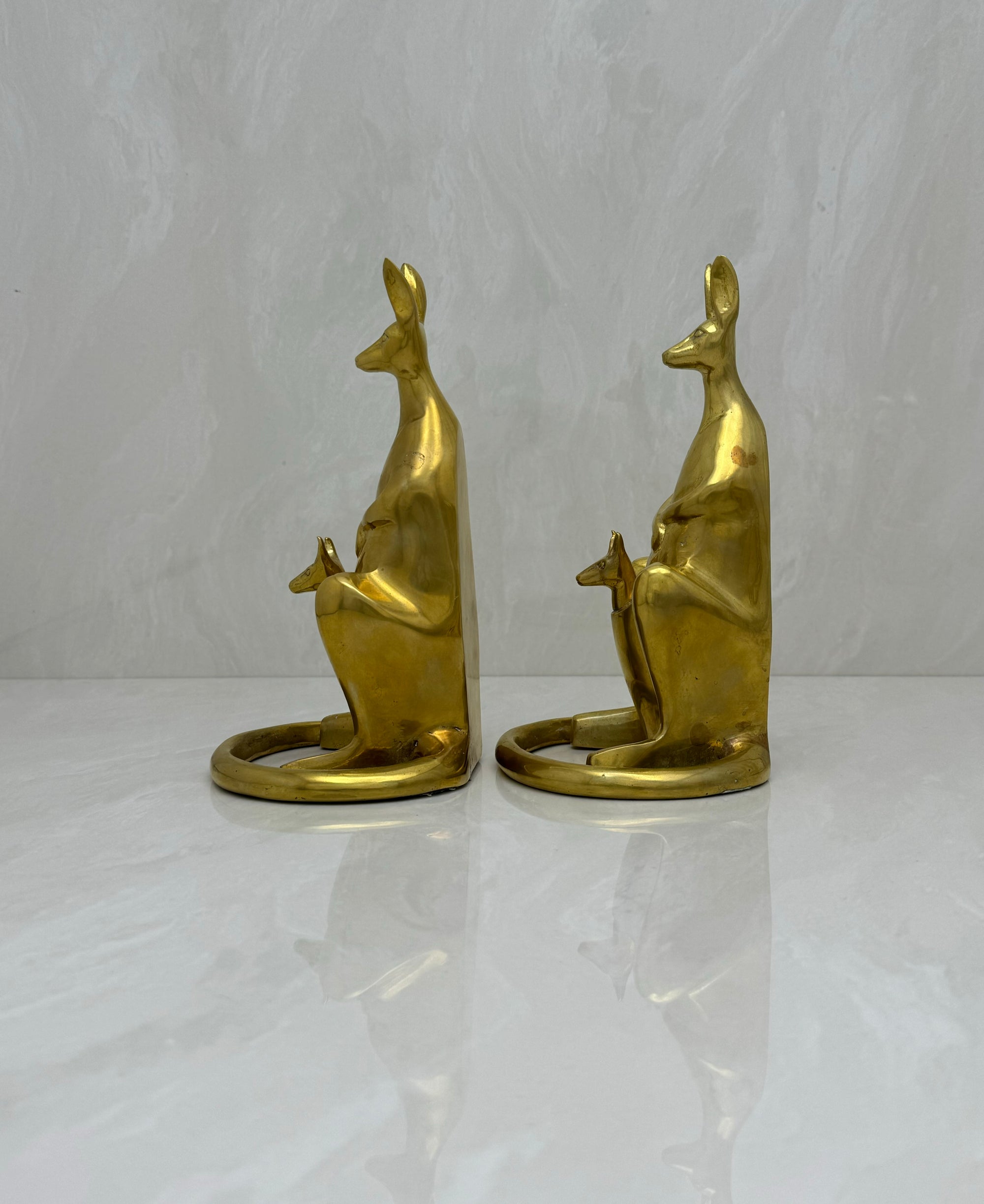 Vintage Brass Bookends Mama Kangaroo with Joey in Marsupium-A Pair by Sarreid